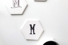 DIY hexagon tile coasters decorated with a black marker