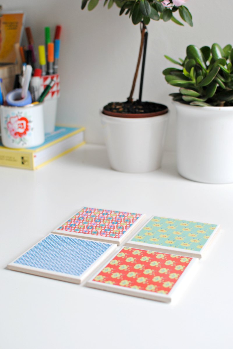 DIY scrapbook paper tile coasters