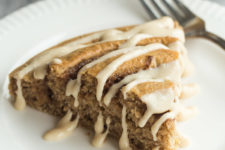 DIY cinnamon roll baked pancake with maple cream syrup