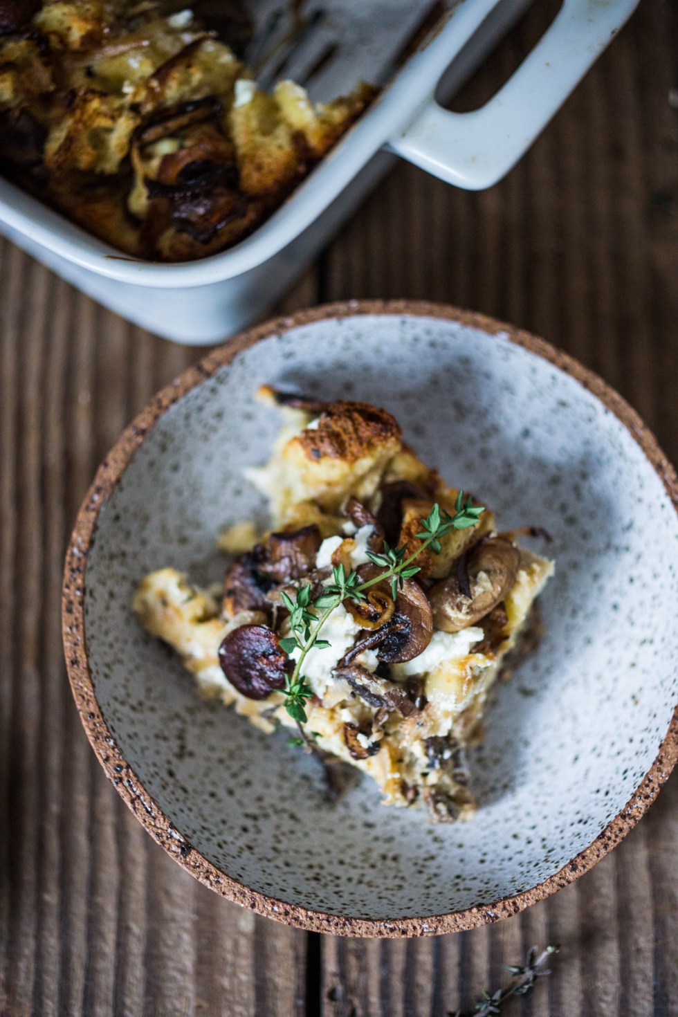 DIY strata with caramelized onions, mushrooms and goat cheese