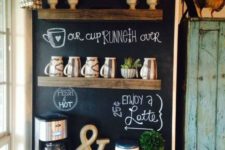11 rustic coffee station with a blackboard and wooden shelves