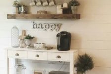 12 rustic coffee and tea station with open shelving and a simple console table