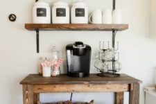 13 all-rustic coffee and tea station with stained furniture and baskets