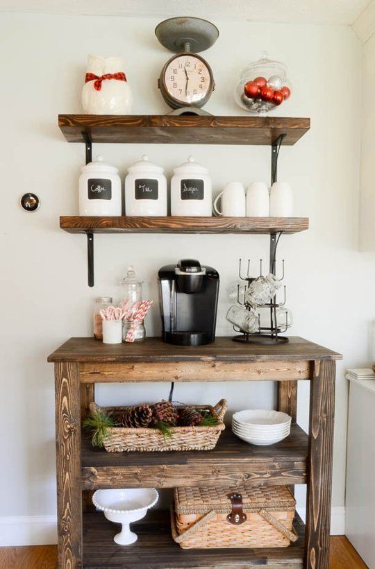 all-rustic coffee and tea station with stained furniture and baskets