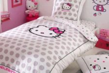 14 pink and white room decor, grey polka dot Hello Kitty bedding