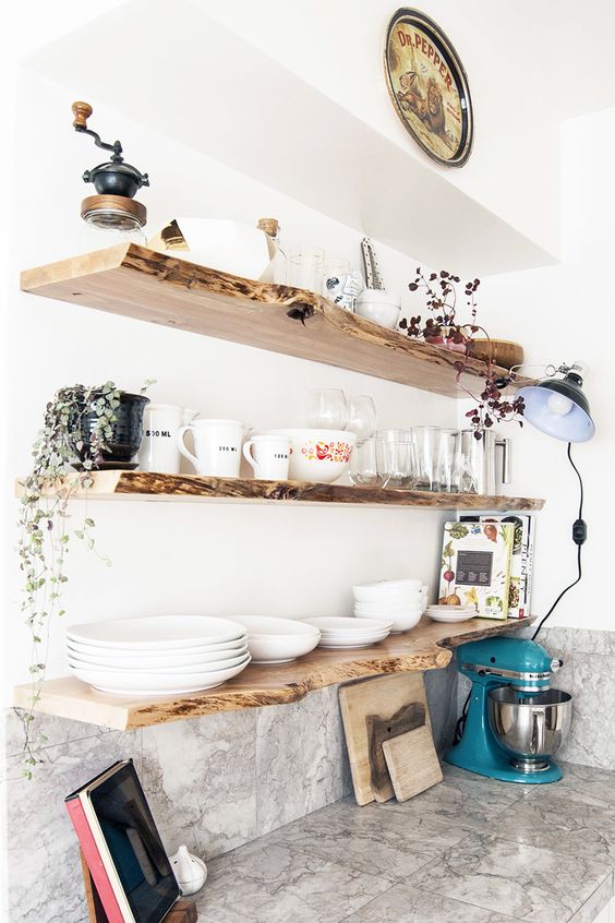 modern kitchen with open raw wood edge shelves