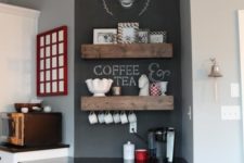 16 an old desk can become a cool coffee station, add a chalkboard and some stained shelves