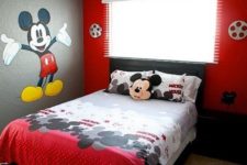16 bold red bedroom with Mickey Mouse bedding and wall decor