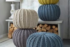 17 colorful round knit poufs in various colors