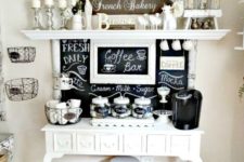 17 large drink station with a refined white console, a chalkboard and shelves over it