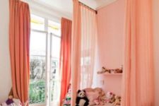 19 peach-colored drapes around the bed separate this area from the rest of the room