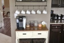20 rustic and a bit industrail coffee and tea station with wire baskets and woven ones