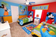 27 super colorful Mickey Mouse shared bedroom in red and light blue