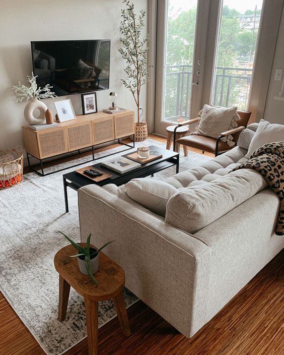 a neutral modern living room with a cane TV unit, a neutral sofa, a leather chair, a black coffee table and some plants