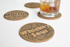 DIY typographic cork drink coasters