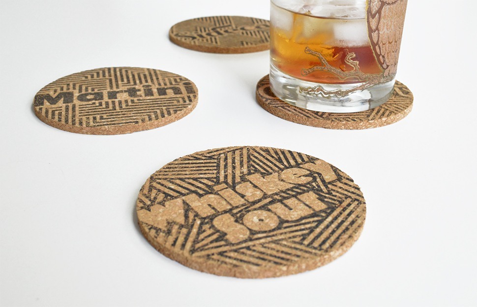 DIY typographic cork drink coasters (via blog.fairgoods.com)