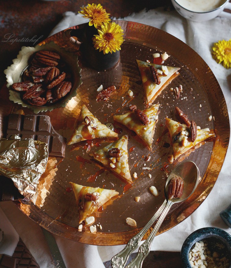 DIY chocolate samosa with salted caramel and pecans (via lapetitchef.in)