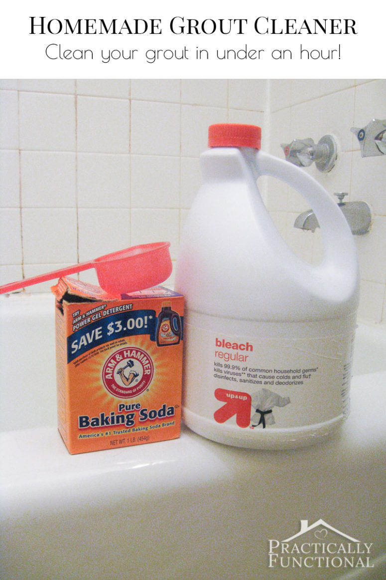DIY baking soda and bleach grout cleaner (via www.practicallyfunctional.com)
