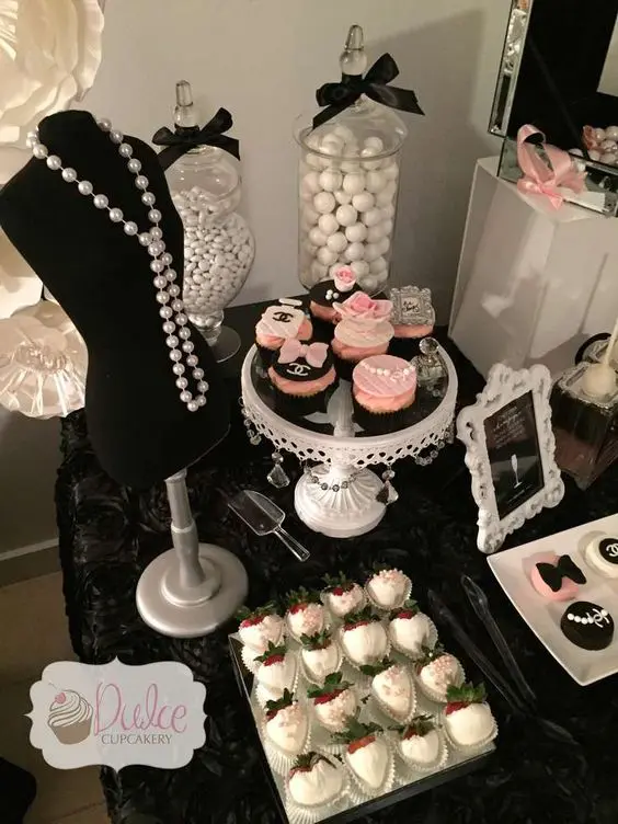 Chanel-inspired dessert table decor for an elegant soiree