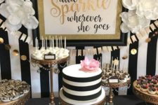 04 elegant black, white and gold sparkle party decor and desserts