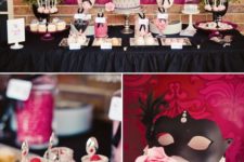 06 chic masquerade-themed dessert table in black, white and pink