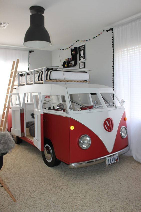 red VW van bed for two boys, one bed on the roof, the second is inside