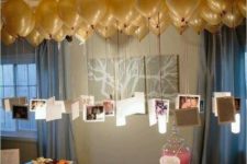 09 simple party decor with hanging photos and balloons