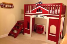 14 fire station loft bed with a play space underneath