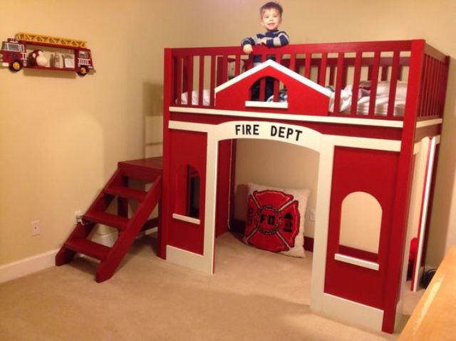 fire station loft bed with a play space underneath