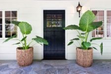 15 beachside home with a black door and elephant ears in wicker planters
