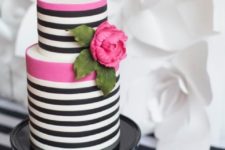 17 pretty black and white striped wedding cake with hot pink decor