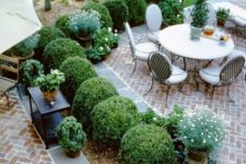 herringbone brick patio with lots of greenery to divide it into zones
