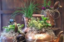 02 vintage metal tea pot planters with various arrangements
