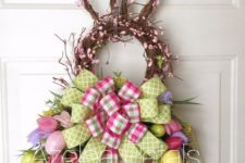 05 faux cherry blossom bunny wreath with faux tulips and colorful ribbon bows