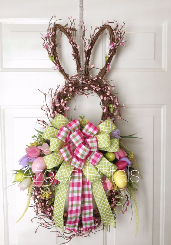 faux cherry blossom bunny wreath with faux tulips and colorful ribbon bows