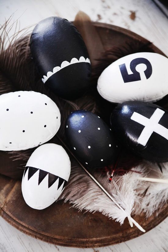 modern print black and white Easter eggs on display