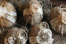 05 twine eggs with lace and vintage buttons are vintage and rustic at the same time