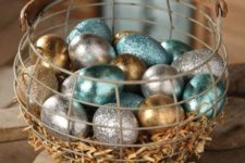 09 glitter and foil Easter eggs in a wire basket