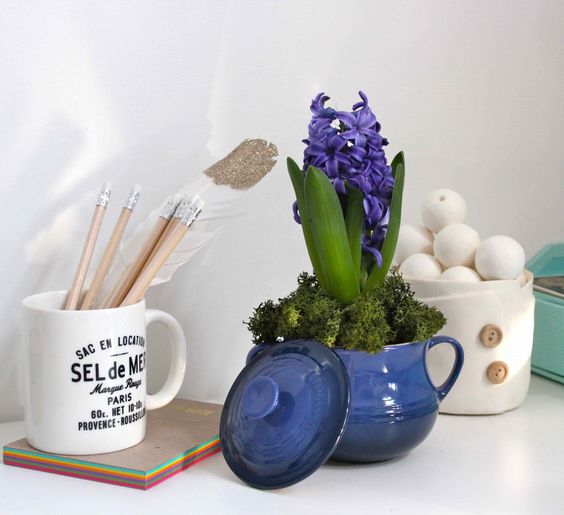 ombre blue sugar bowl with spring bulbs