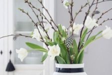 14 a striped monochrome vase with white tulips and willow