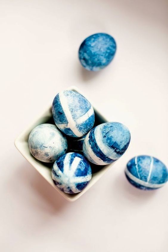 indigo dyed eggs with modern patterns