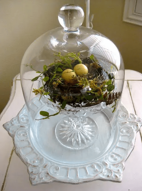 a cloche with a nest, greenery, blooms and leaves and fake eggs is a cool and chic decor idea for Easter and spring