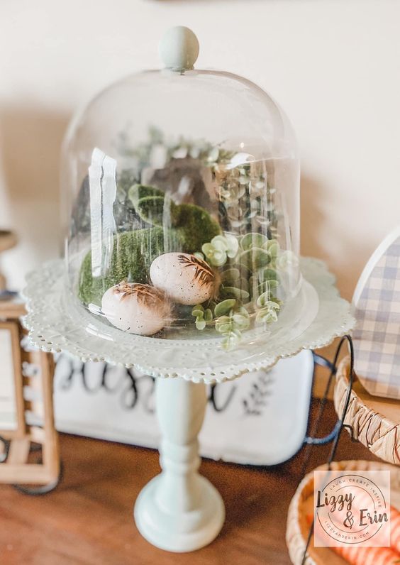 a creative spring terrarium with greenery, a moss bunny and eggs decorated with feathers is a cool idea for spring decor