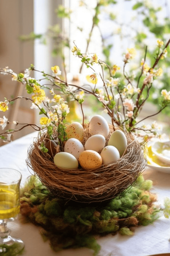 a dreamy Easter centerpiece of a nest with pastel eggs and some blooming branches is a super cool and catchy idea