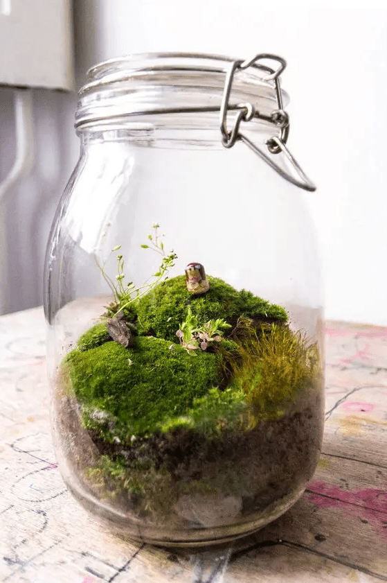 a jar with moss and some grass and a mini doll is acute and fun idea for any season, it works not only for spring