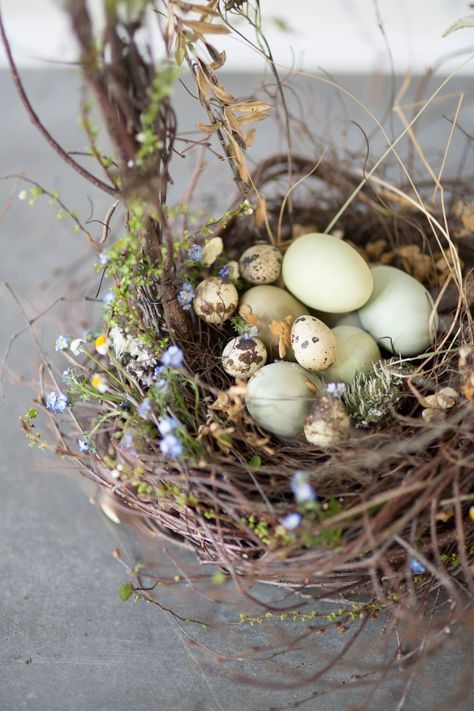 a spring or Easter decoration of a nest with greenery and blooms and pastel and speckled fake eggs
