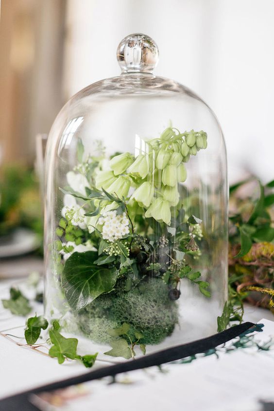 a terrarium centerpiece with moss, green and white blooms and foliage is a cool idea for spring decor