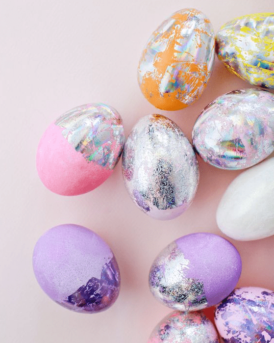 colorful Easter eggs with silver foil are a very bold and catchy idea for a party with plenty of color