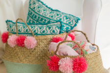 DIY colorful pompom baskets for decor