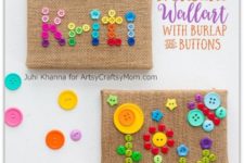 DIY burlap and colorful button wall art decor